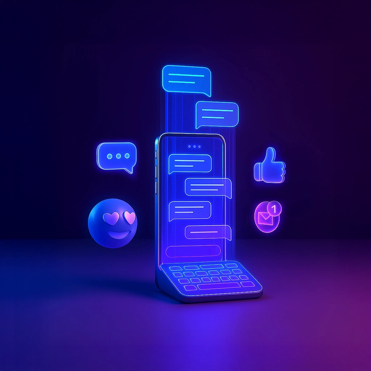 تصميم ثلاثي الأبعاد لهاتف ذكي يعرض رسائل فورية وأيقونات تفاعلية مثل الإعجاب والقلوب والإشعارات، يرمز إلى خدمة إدارة وتعليق الحسابات على وسائل التواصل الاجتماعي